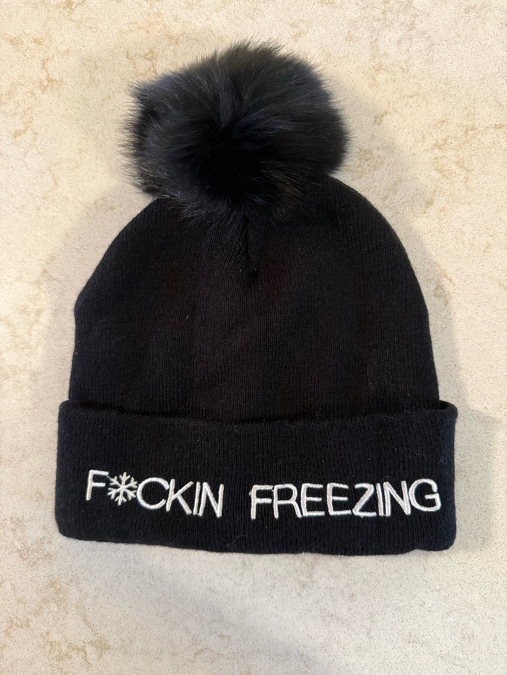 Black Pom Beanie with 'F*CKIN FREEZING' Embroidery